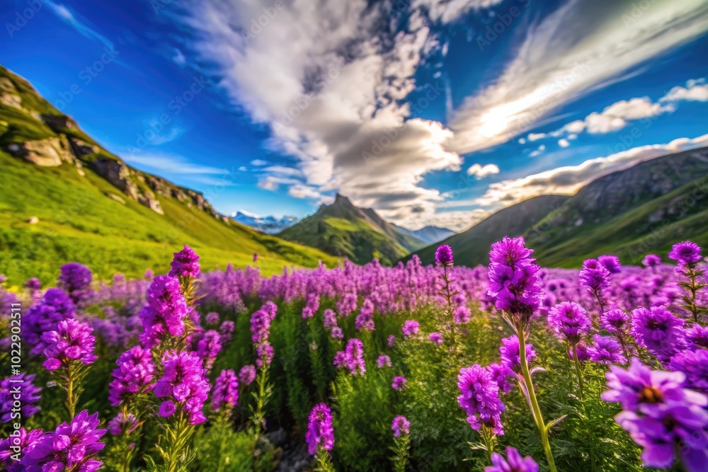 Vibrant Wild Purple Flowers Blooming in Nature's Untamed Landscape Under Clear Blue Skies