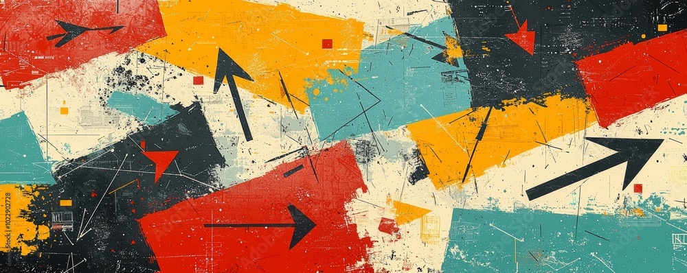 Fototapeta premium A vibrant abstract artwork with geometric shapes and arrows, showcasing bold colors like red, yellow, turquoise, and black, creating a dynamic visual experience.