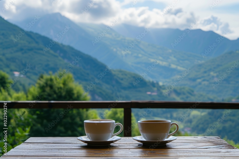 Two cups of coffee are placed on a wooden table with a stunning view of green mountains and a clear sky, creating a serene morning atmosphere. Two cups of coffee are placed on a wooden table with a stunning view of green mountains and a clear sky, creating a serene morning atmosphere.