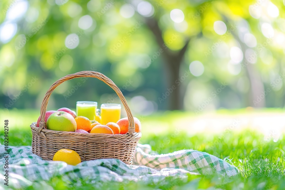 Picnic basket with fruits and drinks on a blanket, natural light, green park surroundings. Picnic basket with fruits and drinks on a blanket, natural light, green park surroundings.