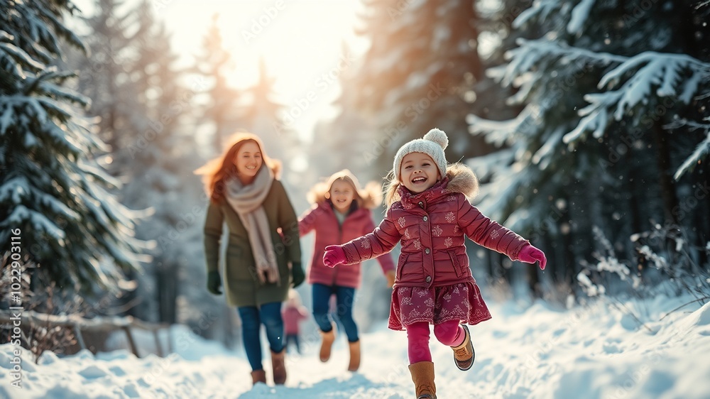 Joyful Winter Walk: Family Fun in the Snow with Young Mother and Daughter Playing Outdoors Joyful Winter Walk: Family Fun in the Snow with Young Mother and Daughter Playing Outdoors