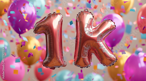 1k Number Balloons with Colorful Confetti Background