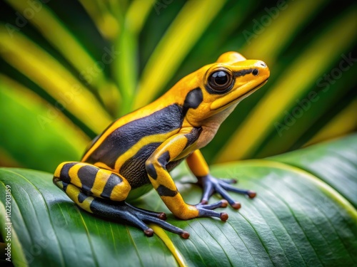 Vibrant Yellow Banded Frog Sitting on a Leaf in a Lush Green Tropical Environment photo