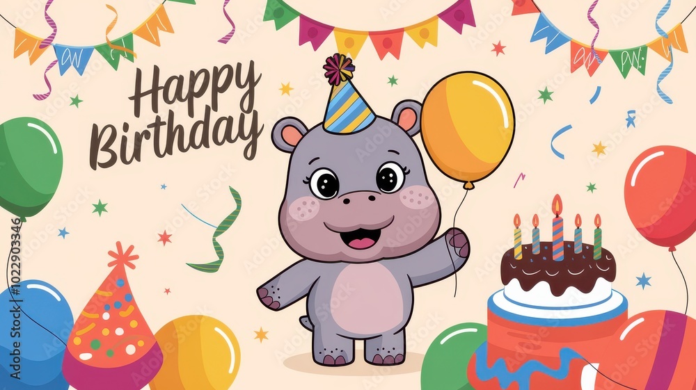 Obraz premium Happy Hippo Celebrating Birthday with Cakes and Balloons 