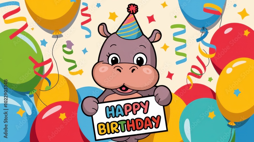 Cute cartoon hippo wearing a party hat, holding a 
