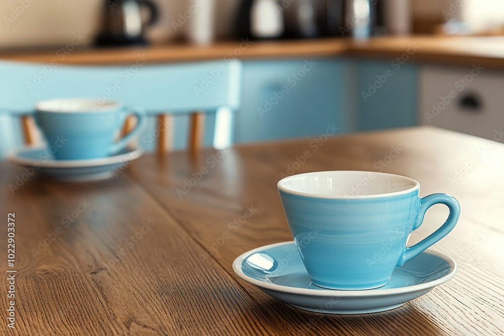 Two coffee cups placed on a kitchen table, soft light, family home background. Two coffee cups placed on a kitchen table, soft light, family home background.
