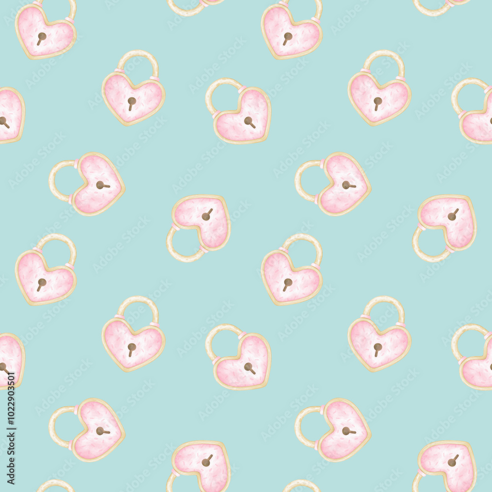 golden locks. Seamless watercolor pattern on turquoise background in pastel colors for textiles and wrapping paper. Cute illustration for Valentine's Day golden locks. Seamless watercolor pattern on turquoise background in pastel colors for textiles and wrapping paper. Cute illustration for Valentine's Day