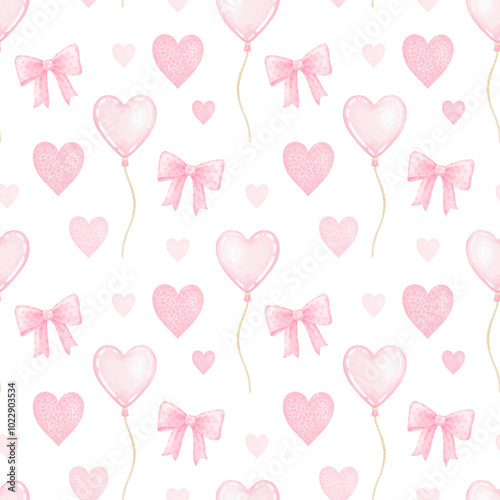 pink bows, pink hearts, balloons. Seamless watercolor pattern on white background in pastel colors for textiles and wrapping paper. Cute illustration for Valentine's Day