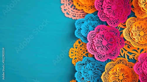 Colorful papel picado decorations arranged on a vibrant blue background, perfect for festive celebrations or artistic designs.