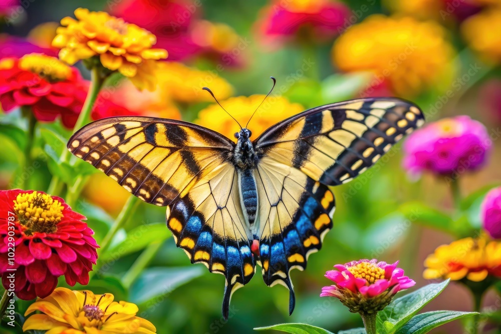 Vibrant Yellow Swallowtail Butterfly Perched on Colorful Flower in a Lush Garden Setting Vibrant Yellow Swallowtail Butterfly Perched on Colorful Flower in a Lush Garden Setting