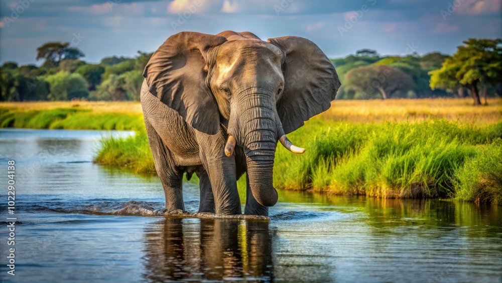 Fototapeta premium A majestic male elephant quenches its thirst by the Chobe River in Botswana, showcasing the beauty of wildlife photography in its natural habitat.