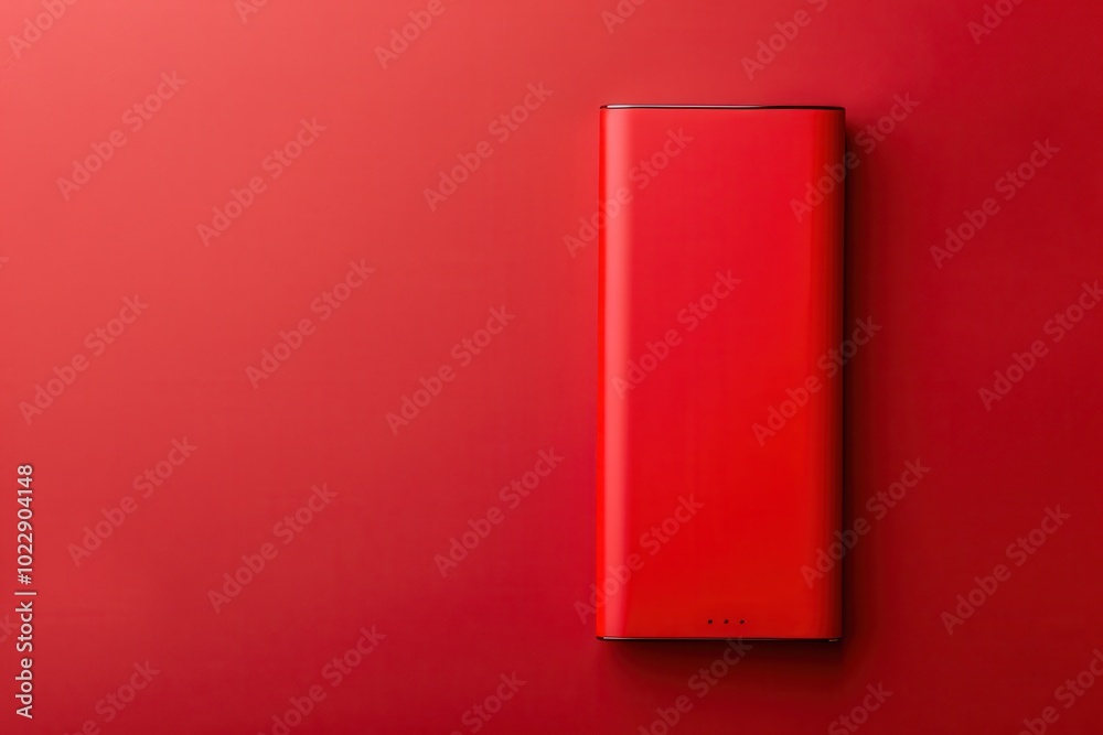 Red portable charger resting on a solid red background, showcasing its sleek design in a minimalist aesthetic Red portable charger resting on a solid red background, showcasing its sleek design in a minimalist aesthetic