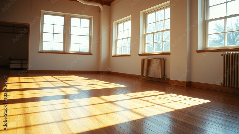 Sunlit Urban Exploration: Empty Room with Hardwood Floors and Large Windows Sunlit Urban Exploration: Empty Room with Hardwood Floors and Large Windows