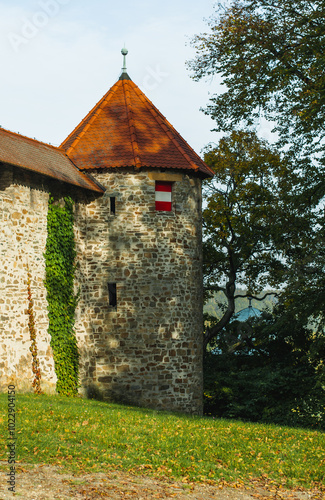 Orange roof of a tower in a medieval castle on a sunny day.