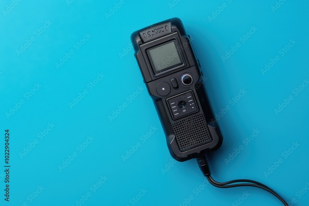 A handheld audio recorder on a blue background with a clear interface and microphone input A handheld audio recorder on a blue background with a clear interface and microphone input