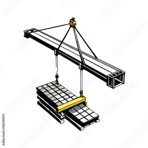 An aerial view of a crane lifting steel beams.