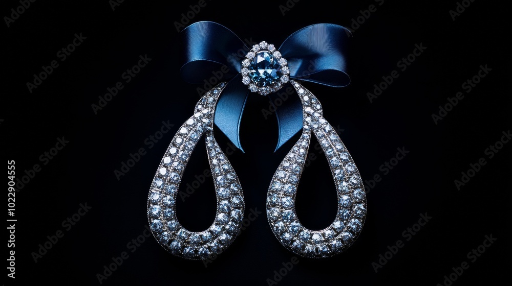 Elegant diamond earrings with a blue ribbon, set against a black background. Elegant diamond earrings with a blue ribbon, set against a black background.