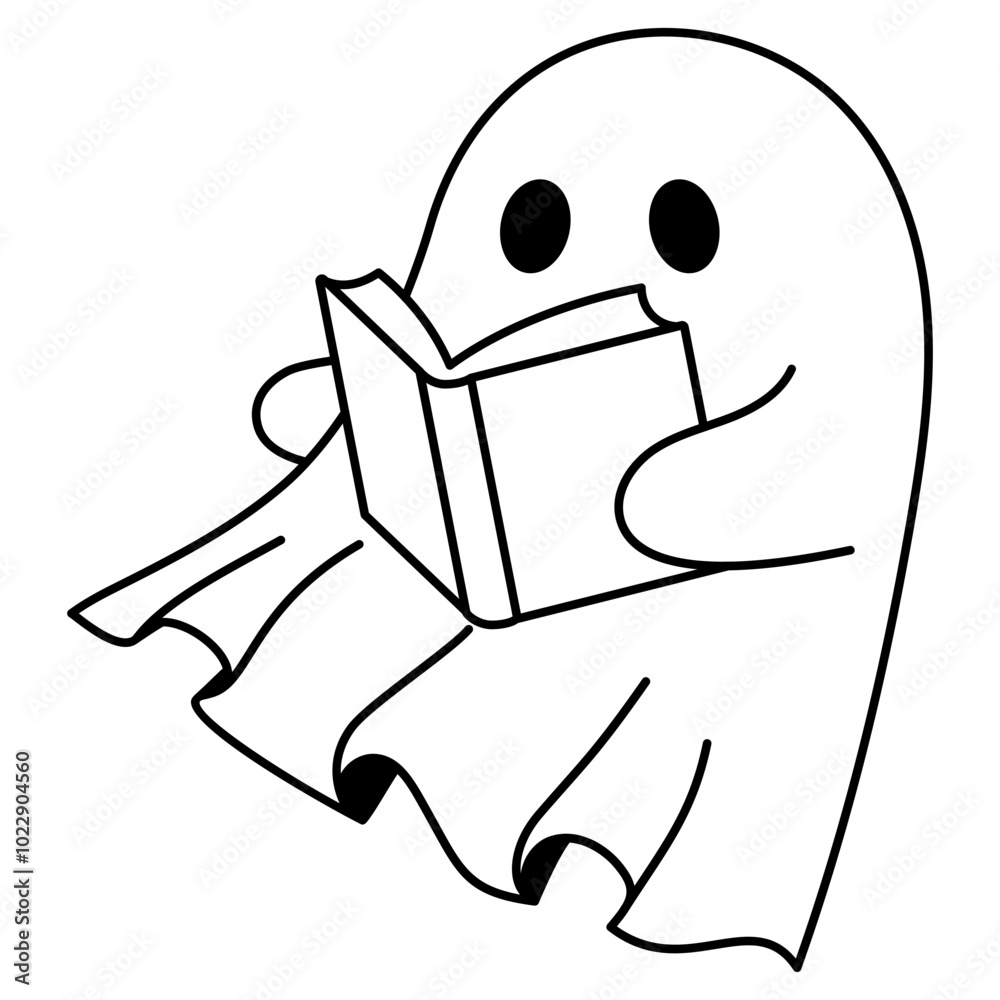 cute spooky ghost outline reading book illustration cute spooky ghost outline reading book illustration