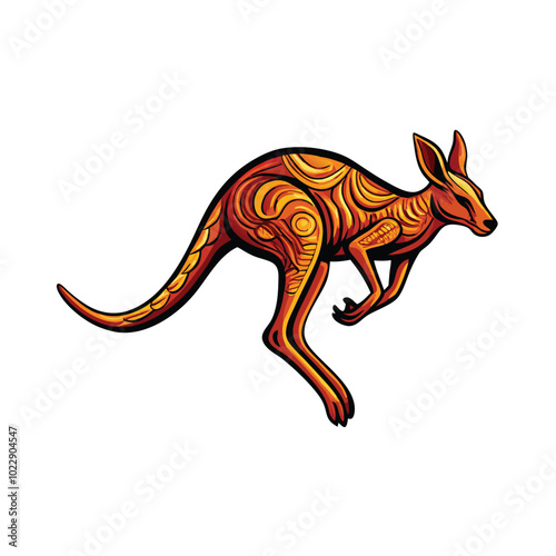 A stylized orange kangaroo leaping through the outback.