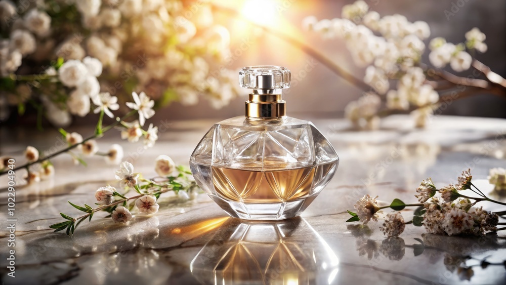An exquisite perfume bottle showcases elegant transparency and faceted design, bathed in soft natural light, enhancing its luxurious appeal and aromatic allure. An exquisite perfume bottle showcases elegant transparency and faceted design, bathed in soft natural light, enhancing its luxurious appeal and aromatic allure.