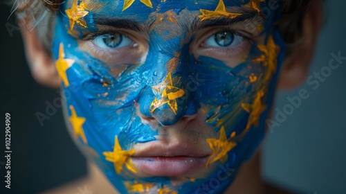 A teenager showcases vibrant blue and yellow face paint, embodying the European Union's flag with confidence and pride