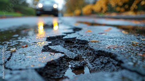 A cracked, waterlogged road reflects autumn leaves and car headlights in a suburban area during early evening photo