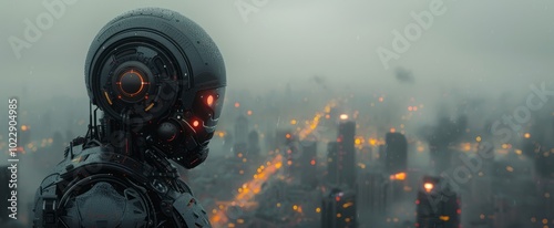 A robot stands on a high vantage point, overlooking a city glowing with lights as darkness falls and rain begins to drizzle