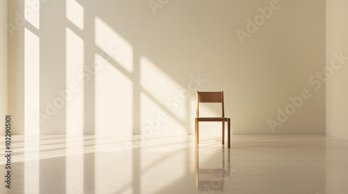 Minimalist wooden chair placed in the center of a spacious, empty room with light reflections on the floor