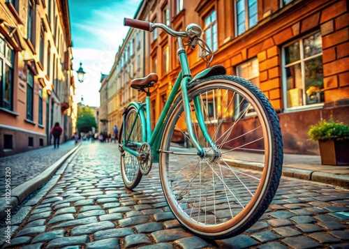 Vintage bicycle with oversized front wheel showcasing unique design and retro charm on city street