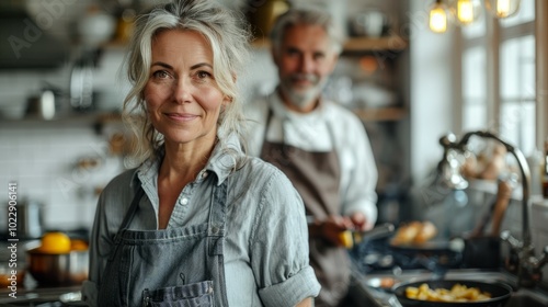 A couple enjoys preparing a meal together, surrounded by fresh ingredients and kitchen tools in a bright, welcoming environment