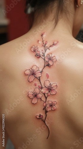 Tattoo of cherry blossoms on back.