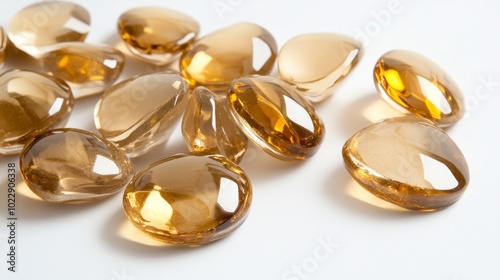 Shiny, gold-colored fake stones that look like jewelry. They're close up on a white background.