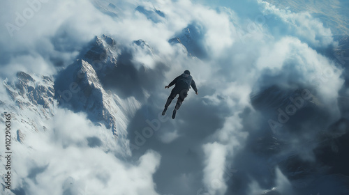 A skydiver caught in a cloud bank, with visibility disappearing all around