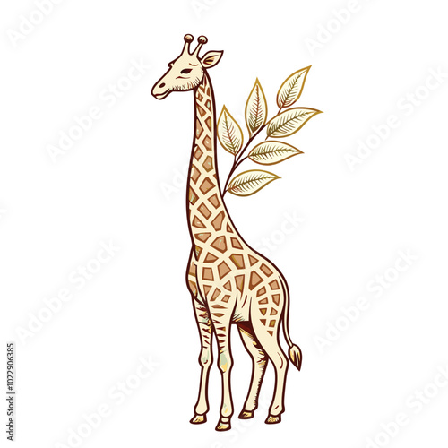 An elegant giraffe stretching its neck to reach leaves.