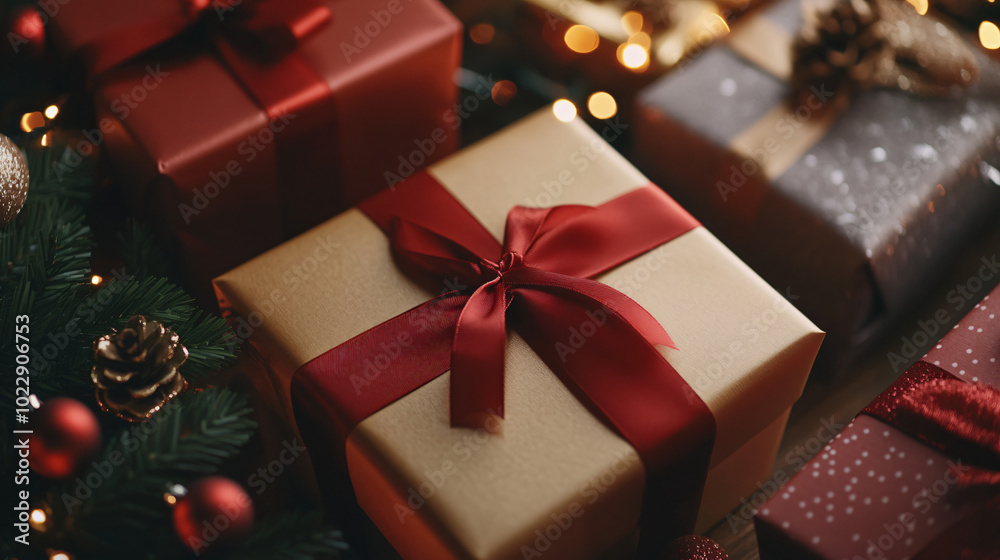 Background with large Christmas gifts, sparkling ribbons, and decorative elements Background with large Christmas gifts, sparkling ribbons, and decorative elements