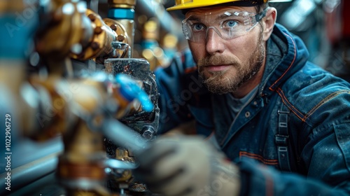 Wallpaper Mural A technician inspects and repairs piping equipment while wearing safety gear in an industrial setting Torontodigital.ca