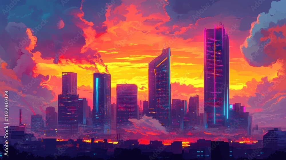 Fototapeta premium A vibrant city skyline at sunset, showcasing modern architecture and colorful clouds.