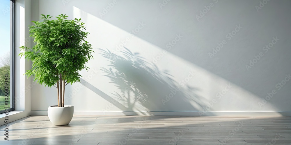 A spacious, minimalist room features stark white walls, allowing a single vibrant green potted tree to add a touch of life and tranquility to the design. A spacious, minimalist room features stark white walls, allowing a single vibrant green potted tree to add a touch of life and tranquility to the design.