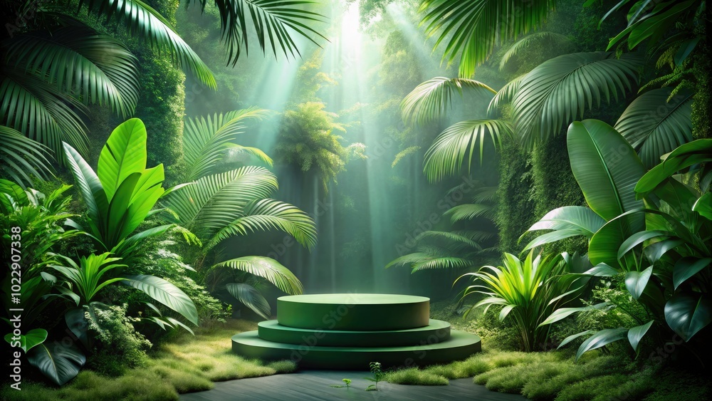 A striking dark green podium emerges amid a vibrant tropical forest, showcasing products with a captivating long exposure effect that beautifully captures motion and light. A striking dark green podium emerges amid a vibrant tropical forest, showcasing products with a captivating long exposure effect that beautifully captures motion and light.