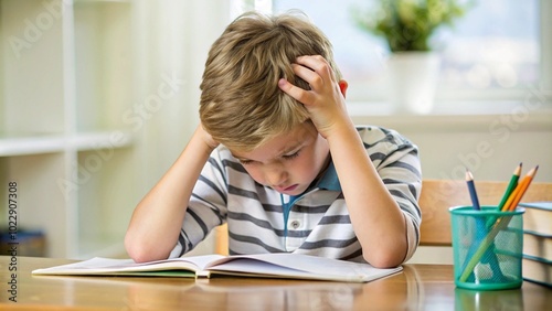 A young boy holds his head in frustration while struggling to focus on his homework at a desk, appearing overwhelmed.
 photo