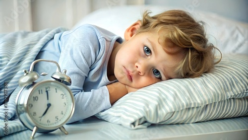 A young child lying awake in bed, resting on a pillow beside an alarm clock, looking thoughtful and unable to sleep.
