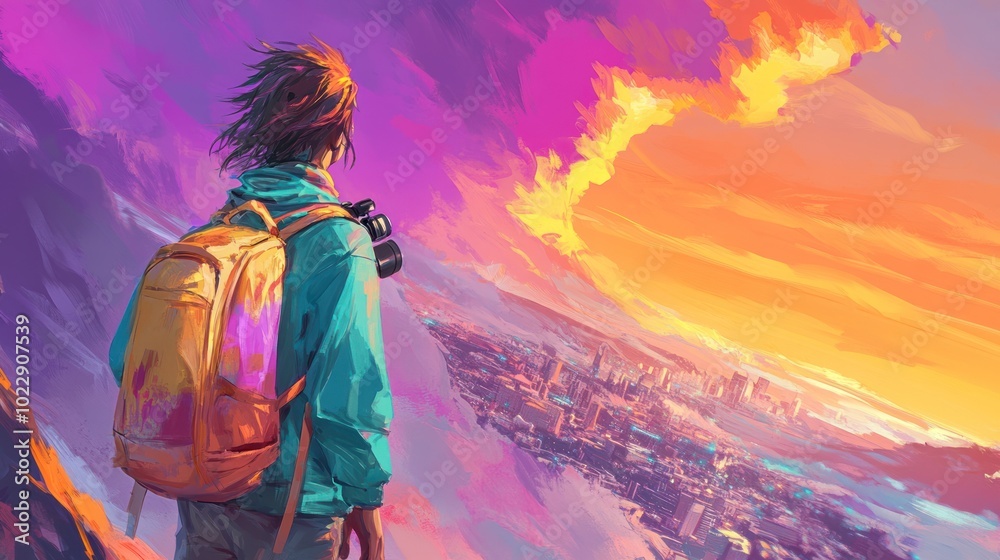 Fototapeta premium A traveler gazes at a vibrant sunset over a cityscape, evoking a sense of adventure.
