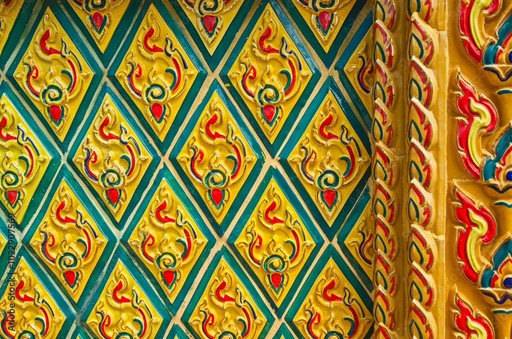 Thai Benjarong pattern on the wall and pole of a church in Thailand Thai Benjarong pattern on the wall and pole of a church in Thailand