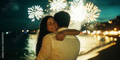Couple embracing on the beach with fireworks illuminating the night sky, celebrating Reveillon during New Year's Eve, selective focus
