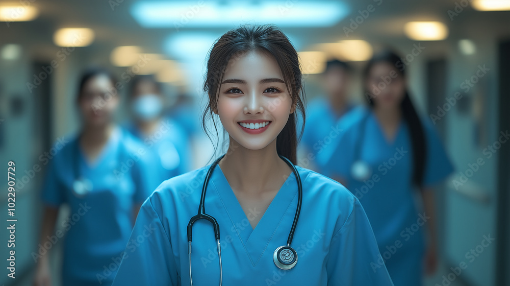 Smiling asian healthcare professional in scrubs, walking down a hospital hallway, modern setting