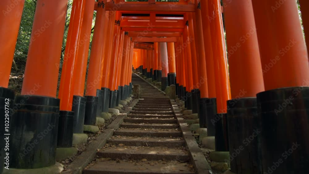 Walking through the orange gates (torii) in Fushimi Inari, Kyoto, Japan Walking through the orange gates (torii) in Fushimi Inari, Kyoto, Japan