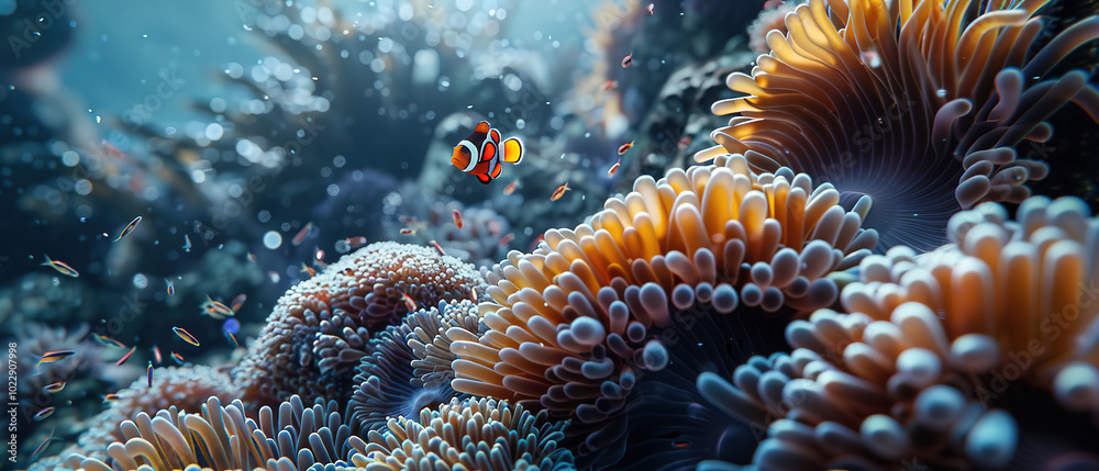 Fototapeta premium a Anemone fishes, cinematic, photorealistic, realistic texture