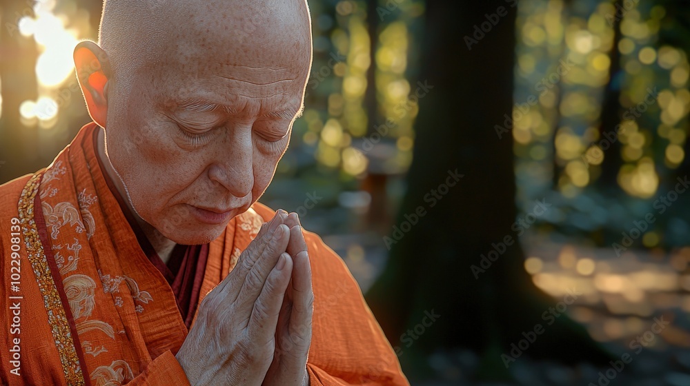 Fototapeta premium Serene Monk in Nature: A Close-Up Portrait