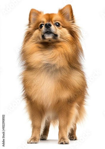 Fluffy Dog Standing at Attention with Its Head Held High, Displaying Alertness