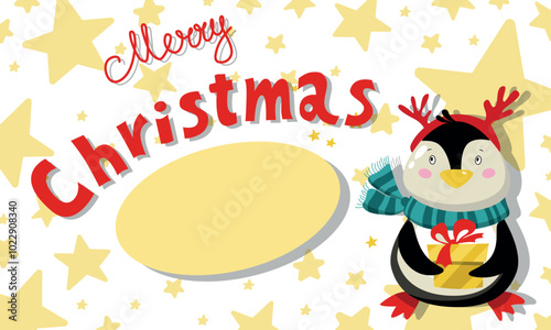 Merry christmas template with cute penguin and stars. Clipart image. New Years Holidays card on a white background.